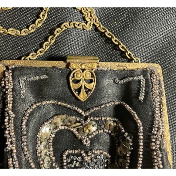 1920s-30s vintage metal frame black evening bag with beads, sequins, gold chain - Picture 4 of 5